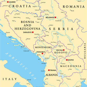 Central Balkan Political Map formed by Bosnia and Herzegovina, Serbia, Montenegro, Kosovo, Albania and Macedonia. With capitals, national borders, important cities, rivers and lakes. English labeling and scaling.