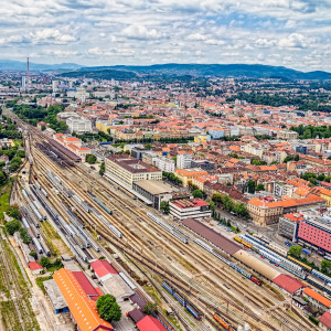 The main train station in Zagreb. Helicopter aerial view.